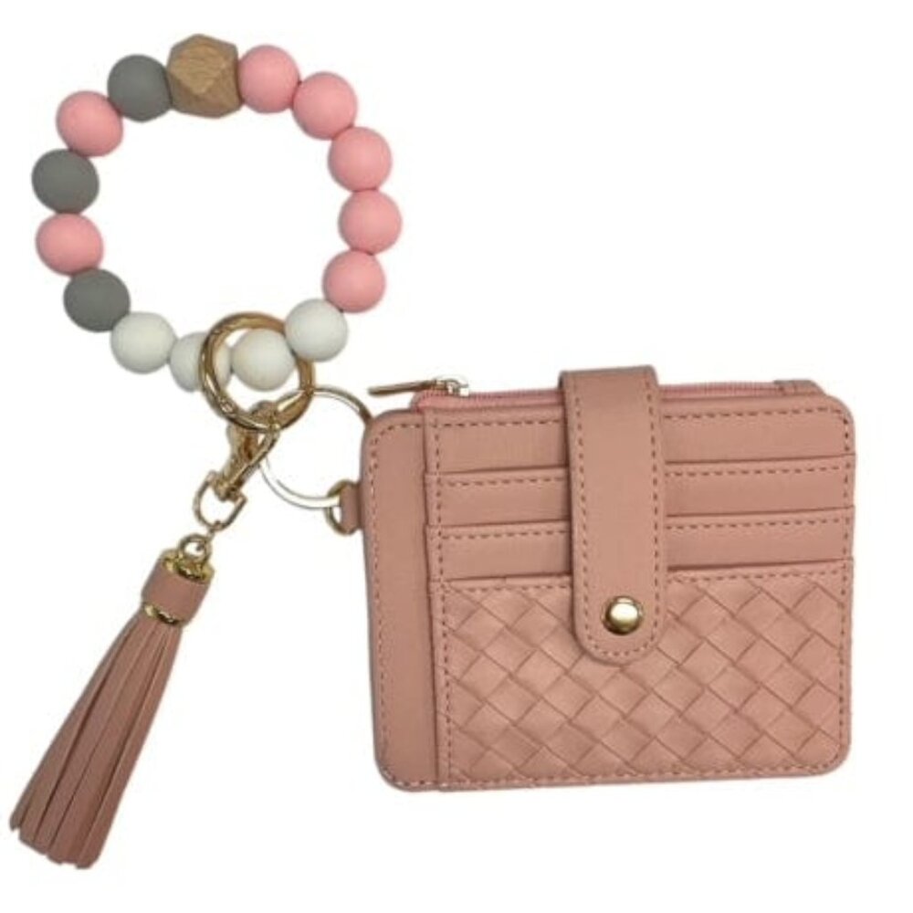 Pink Beaded Keychain Bracelet & Woven Wallet Combo